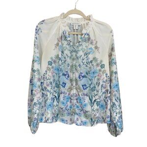 Cupcakes and Cashmere Medium White Blue Floral Dainty Sheer Women's Blouse EUC